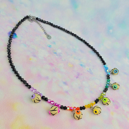 Glow in the Dark Rainbow Eyeball Glass Beaded Charm Necklace