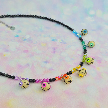 Glow in the Dark Rainbow Eyeball Glass Beaded Charm Necklace