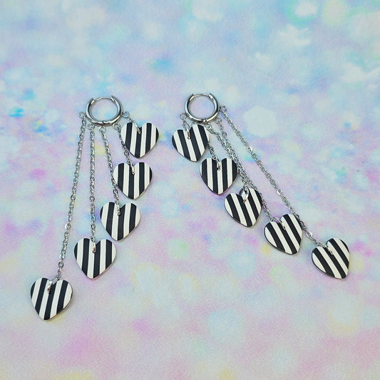 Black and White Stripe Heart 5 Drop Dangles