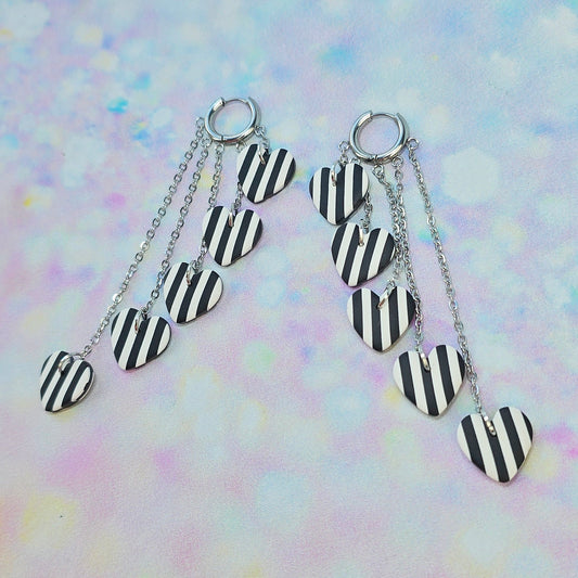 Black and White Stripe Heart 5 Drop Dangles