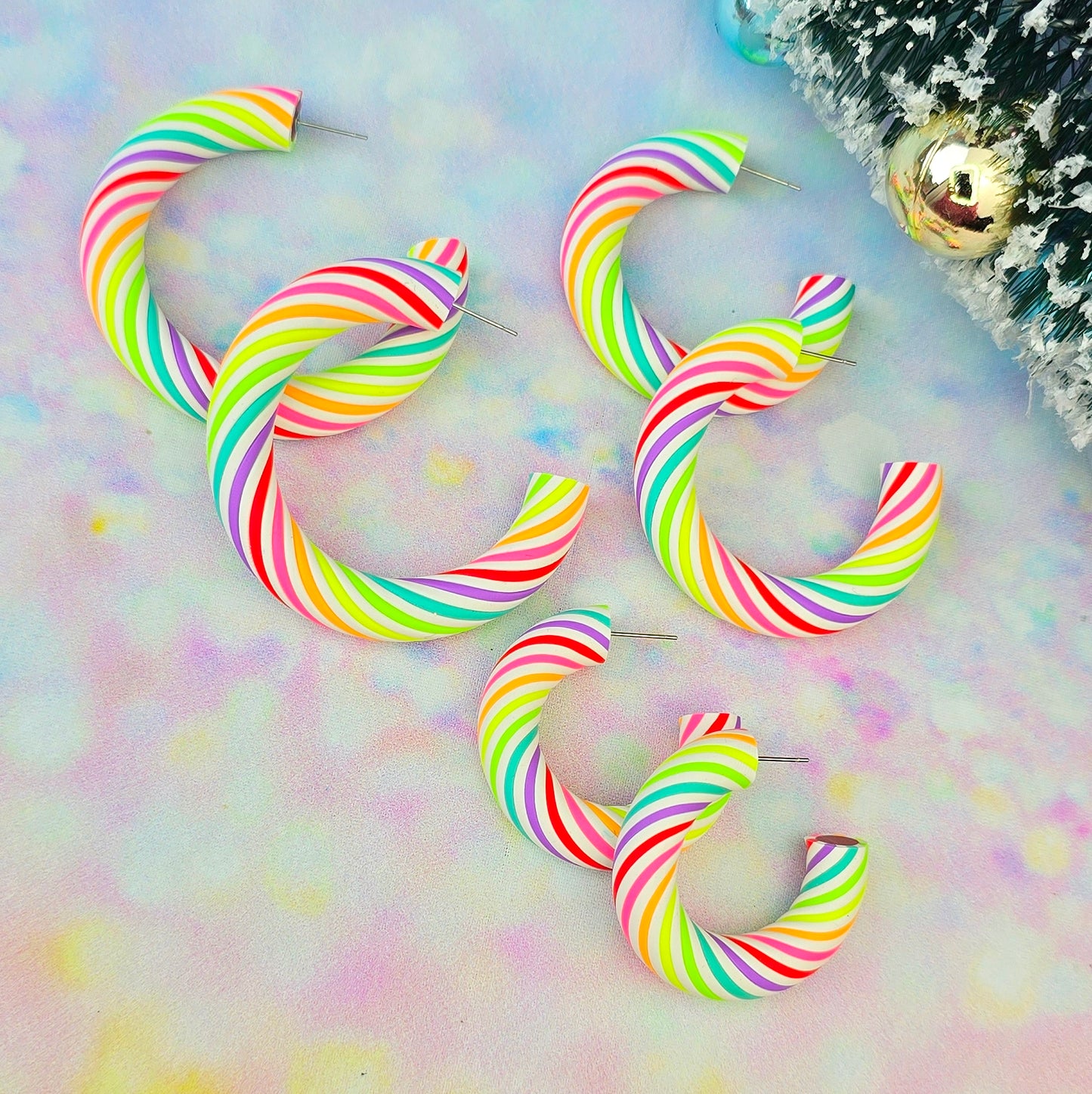 Christmas- Colourful Neon Candy Cane Twisted Hoops (All Sizes)
