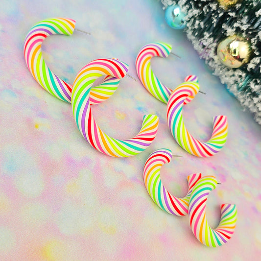 Christmas- Colourful Neon Candy Cane Twisted Hoops (All Sizes)