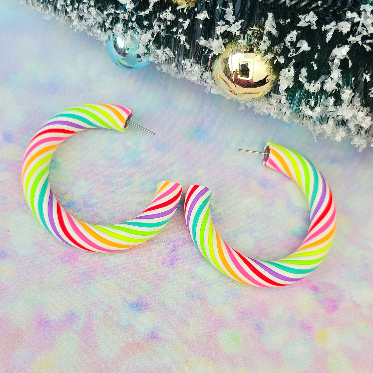 Christmas- Colourful Neon Candy Cane Twisted Hoops (All Sizes)