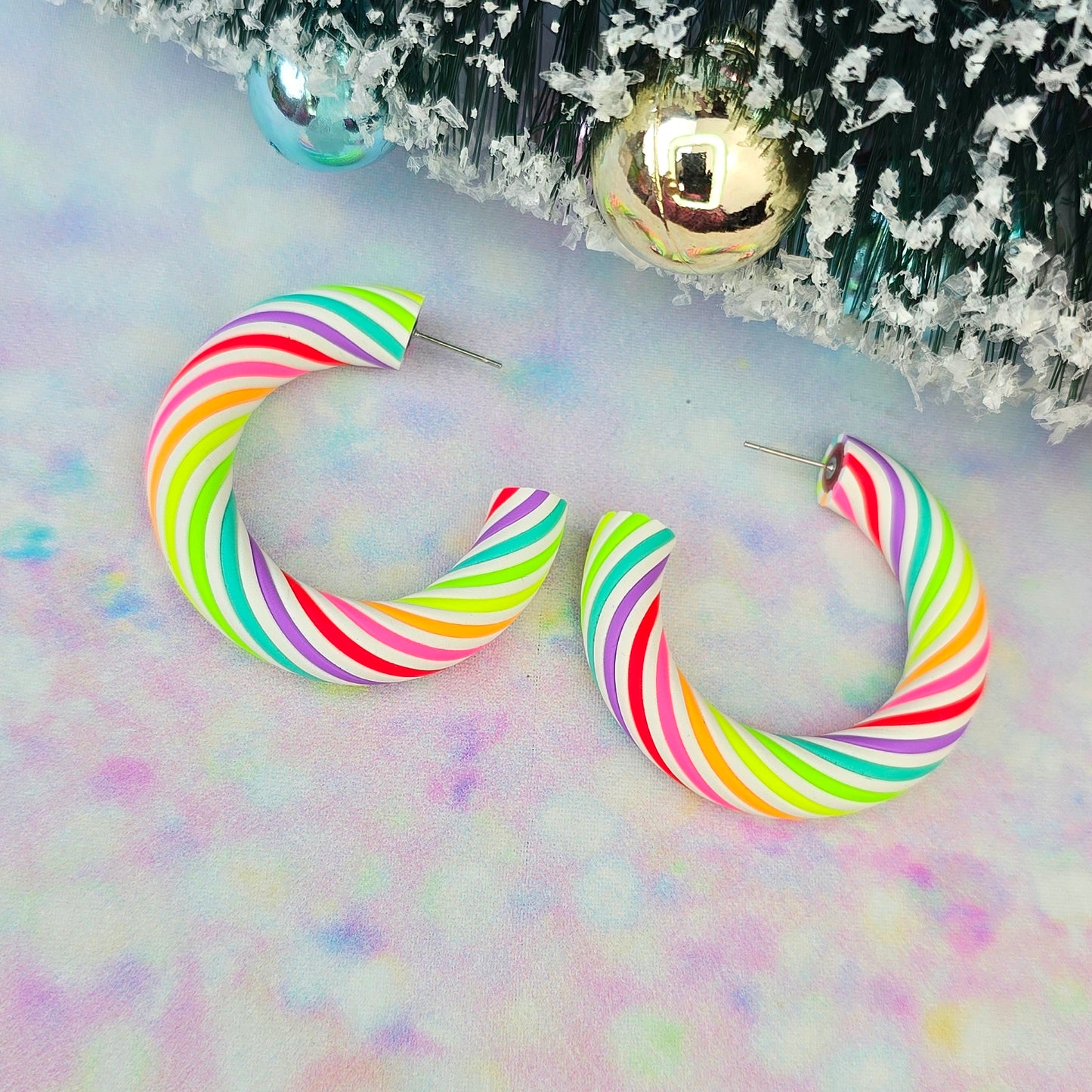 Christmas- Colourful Neon Candy Cane Twisted Hoops (All Sizes)