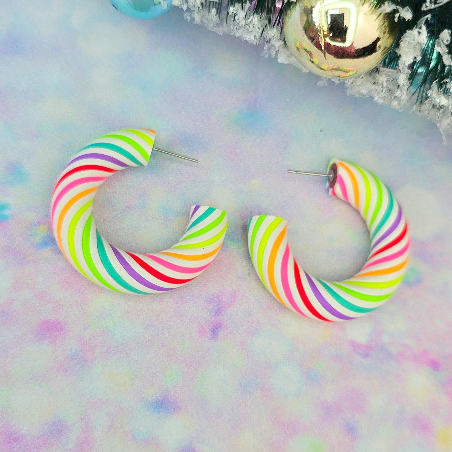 Christmas- Colourful Neon Candy Cane Twisted Hoops (All Sizes)
