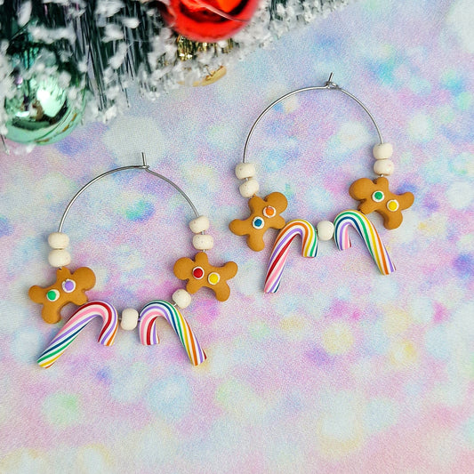 Christmas- Gingerbread and Candy Cane Beaded Hoops