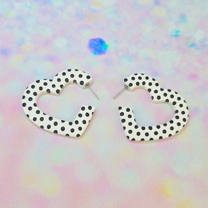 Mega Black & White Spotty Heart Hoops
