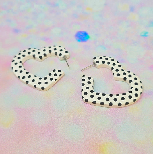Mega Black & White Spotty Heart Hoops