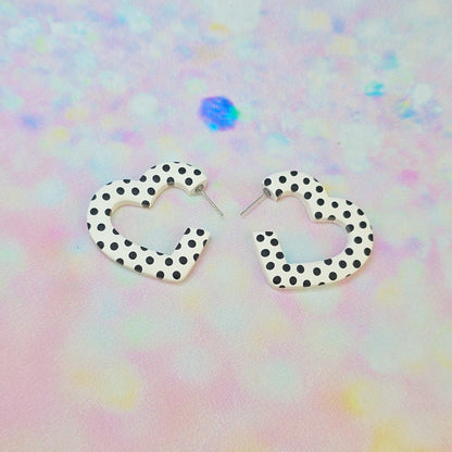 Medium Black & White Spotty Heart Hoops