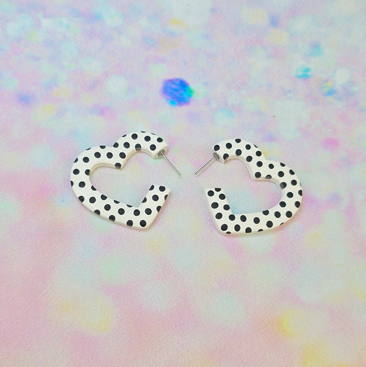 Medium Black & White Spotty Heart Hoops