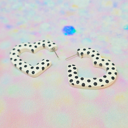 Medium Black & White Spotty Heart Hoops