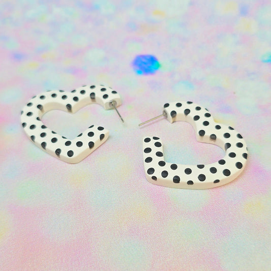 Medium Black & White Spotty Heart Hoops