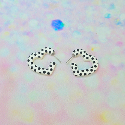 Mini Black & White Spotty Heart Hoops