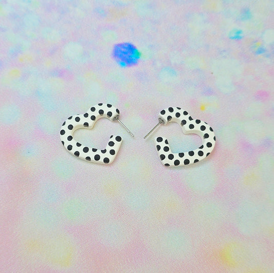 Mini Black & White Spotty Heart Hoops
