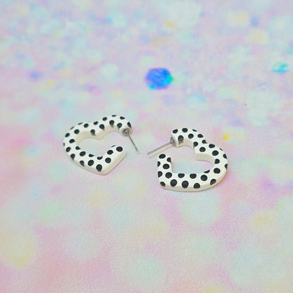 Mini Black & White Spotty Heart Hoops
