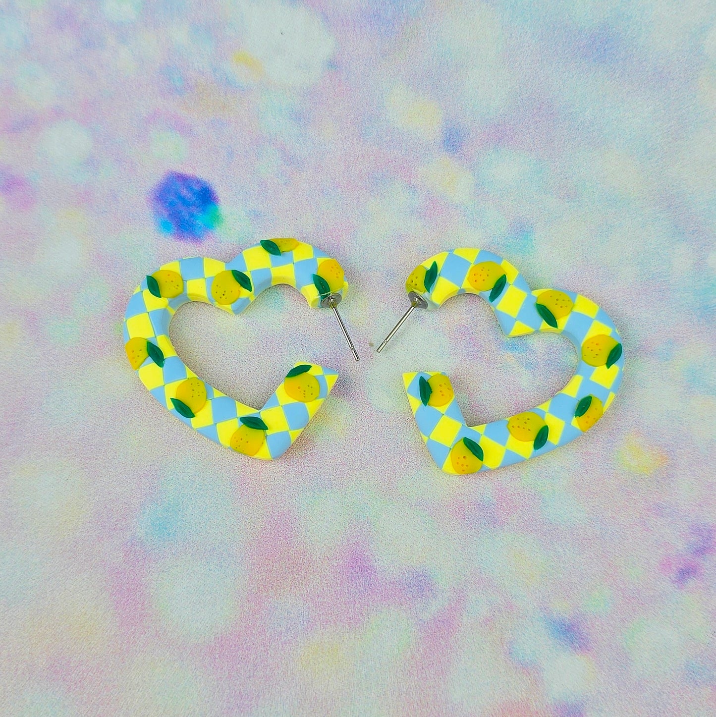 Medium Lemon & Pale Blue Heart Hoops
