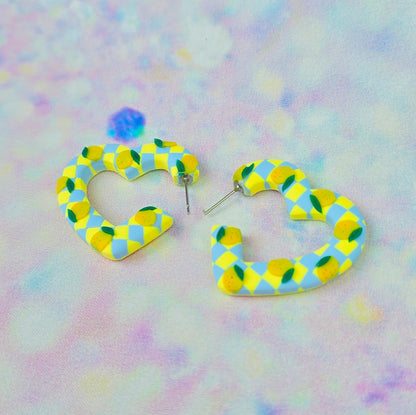Medium Lemon & Pale Blue Heart Hoops