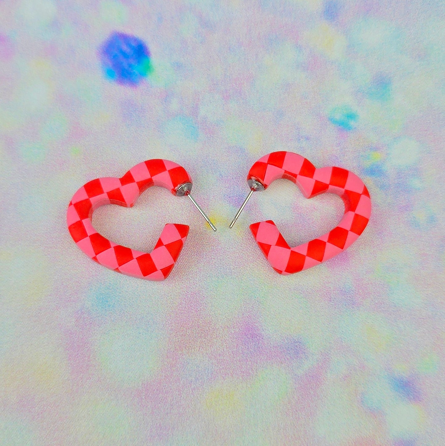 Mini Pink & Red Checkerboard Heart Hoops