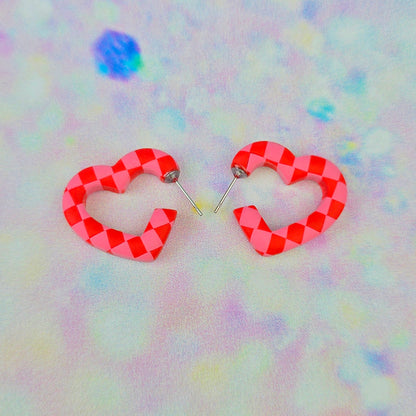 Mini Pink & Red Checkerboard Heart Hoops