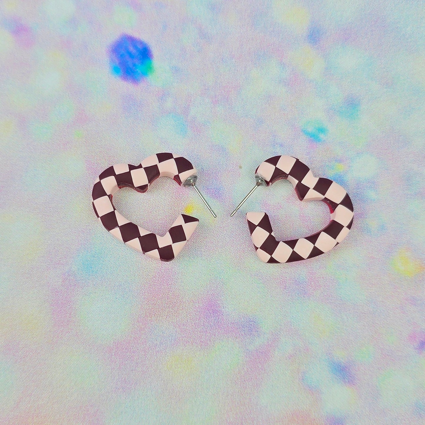 Mini Light Pink & Deep Burgundy Checkerboard Heart Hoops
