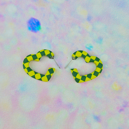 Mini Green & Lime Checkerboard Heart Hoops