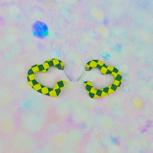 Mini Green & Lime Checkerboard Heart Hoops