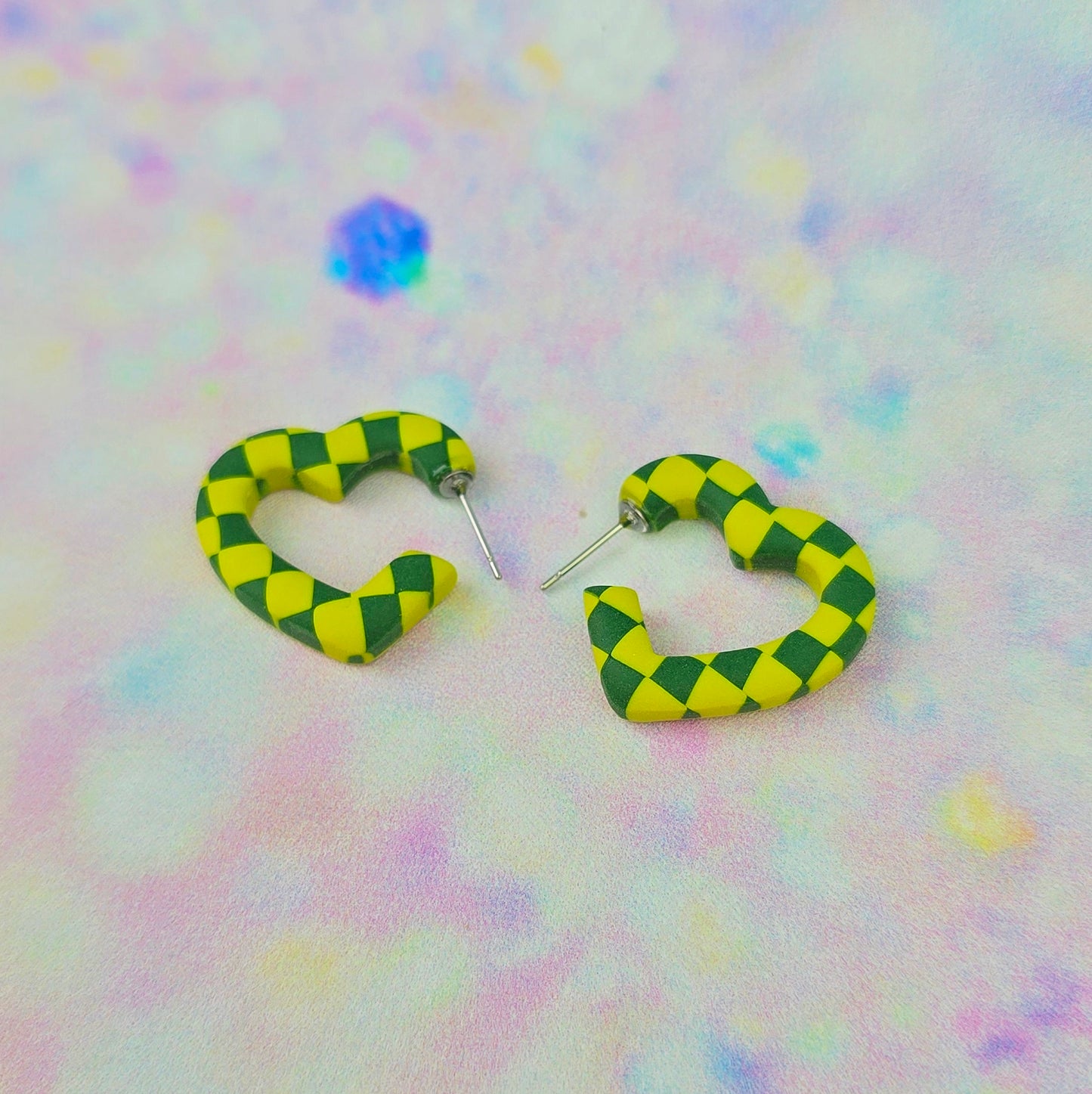 Mini Green & Lime Checkerboard Heart Hoops