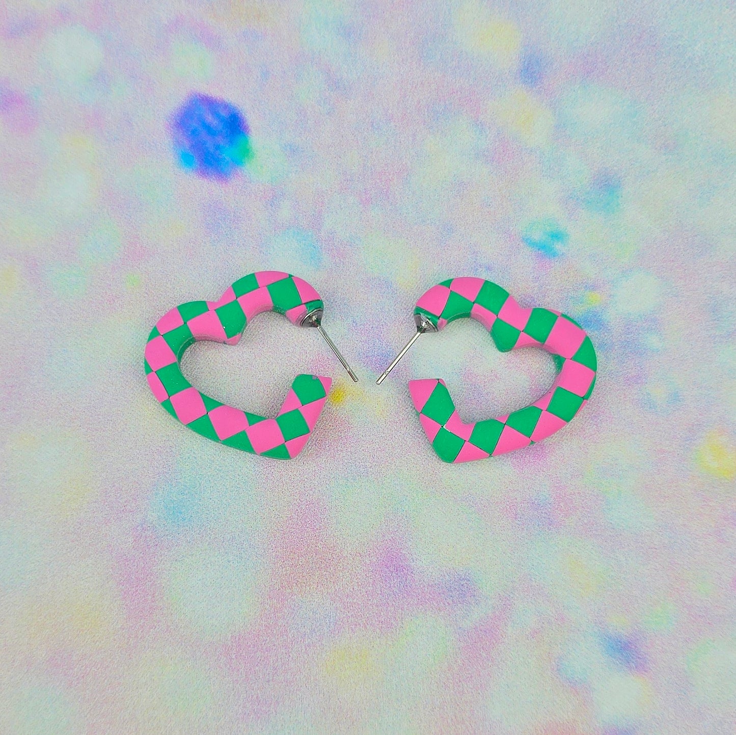 Mini Pink & Green Checkerboard Heart Hoops
