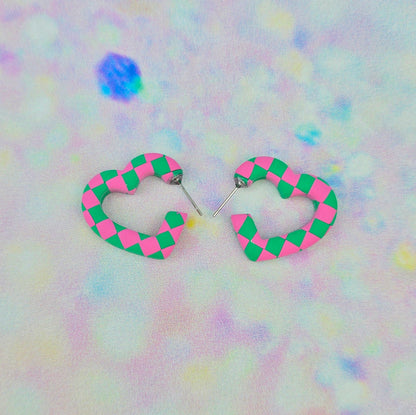 Mini Pink & Green Checkerboard Heart Hoops