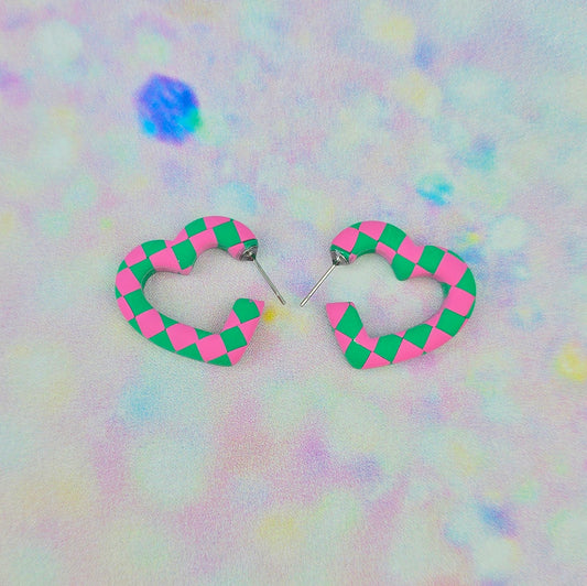 Mini Pink & Green Checkerboard Heart Hoops
