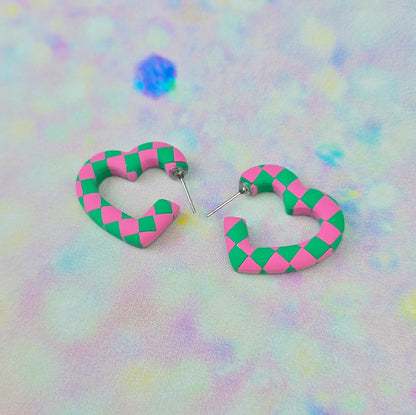 Mini Pink & Green Checkerboard Heart Hoops