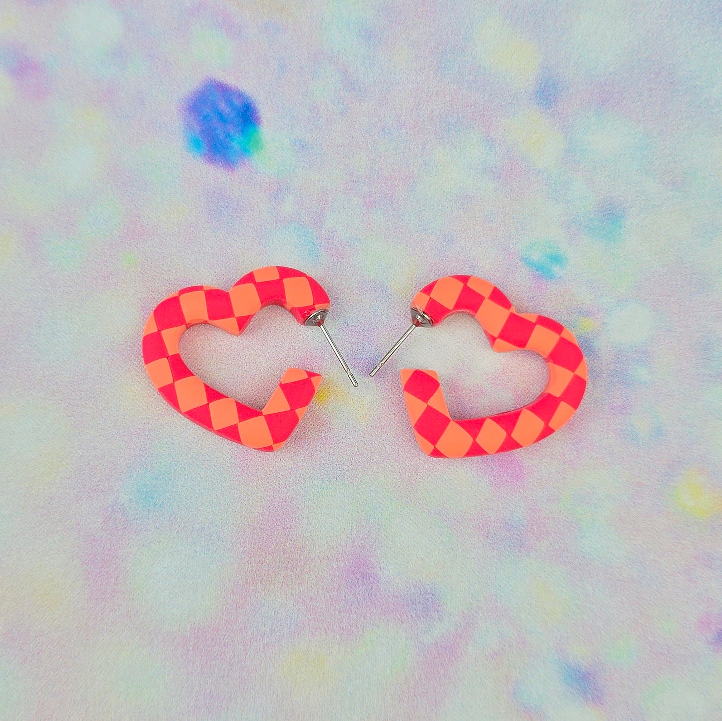 Mini Pink & Orange Checkerboard Heart Hoops