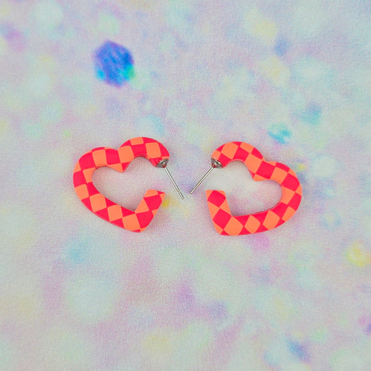 Mini Pink & Orange Checkerboard Heart Hoops