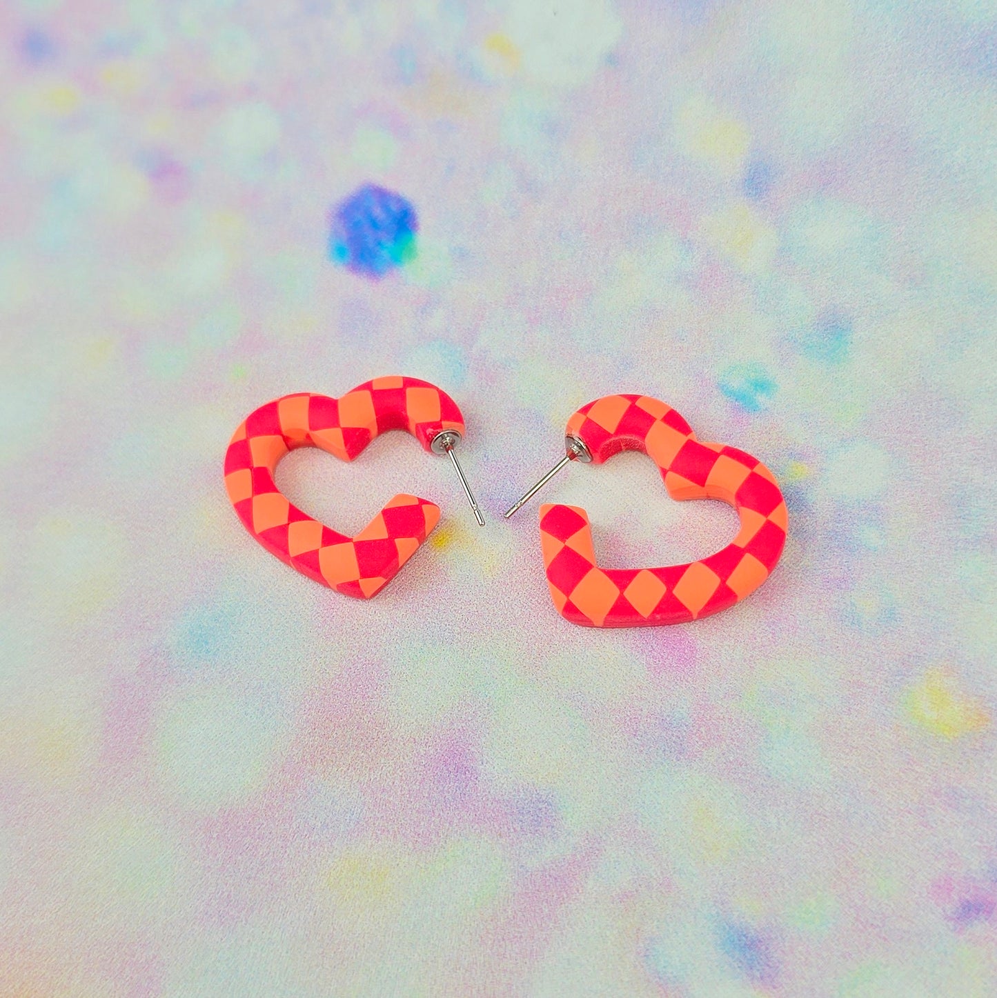 Mini Pink & Orange Checkerboard Heart Hoops