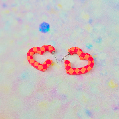 Mini Pink & Orange Checkerboard Heart Hoops