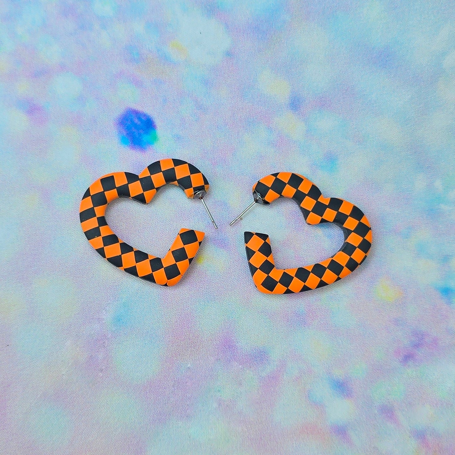 Medium Orange & Black Checkerboard Heart Hoops