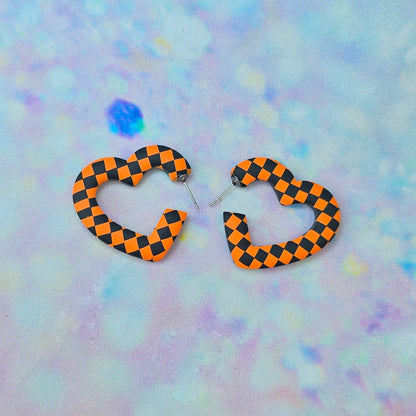 Medium Orange & Black Checkerboard Heart Hoops
