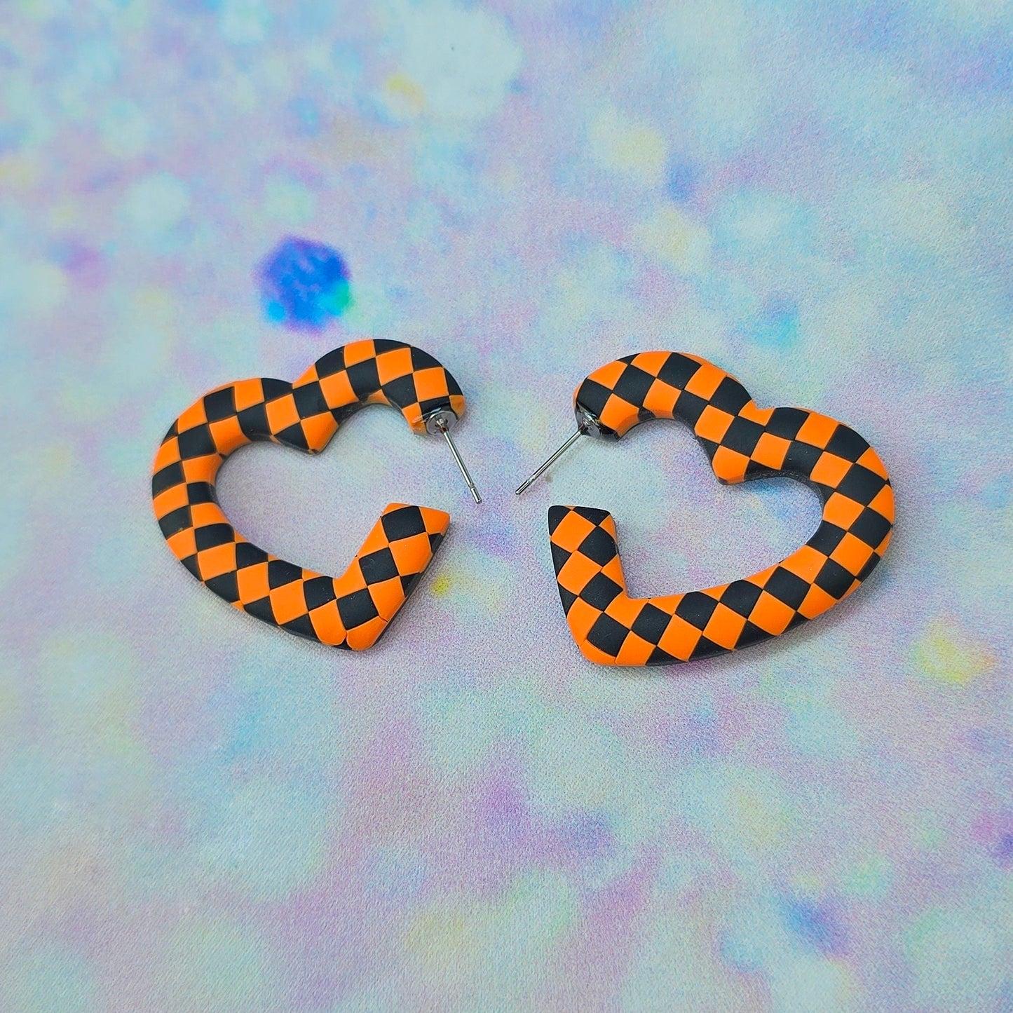 Medium Orange & Black Checkerboard Heart Hoops