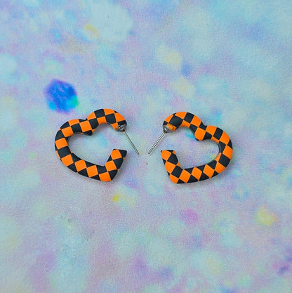 Mini Orange & Black Checkerboard Heart Hoops