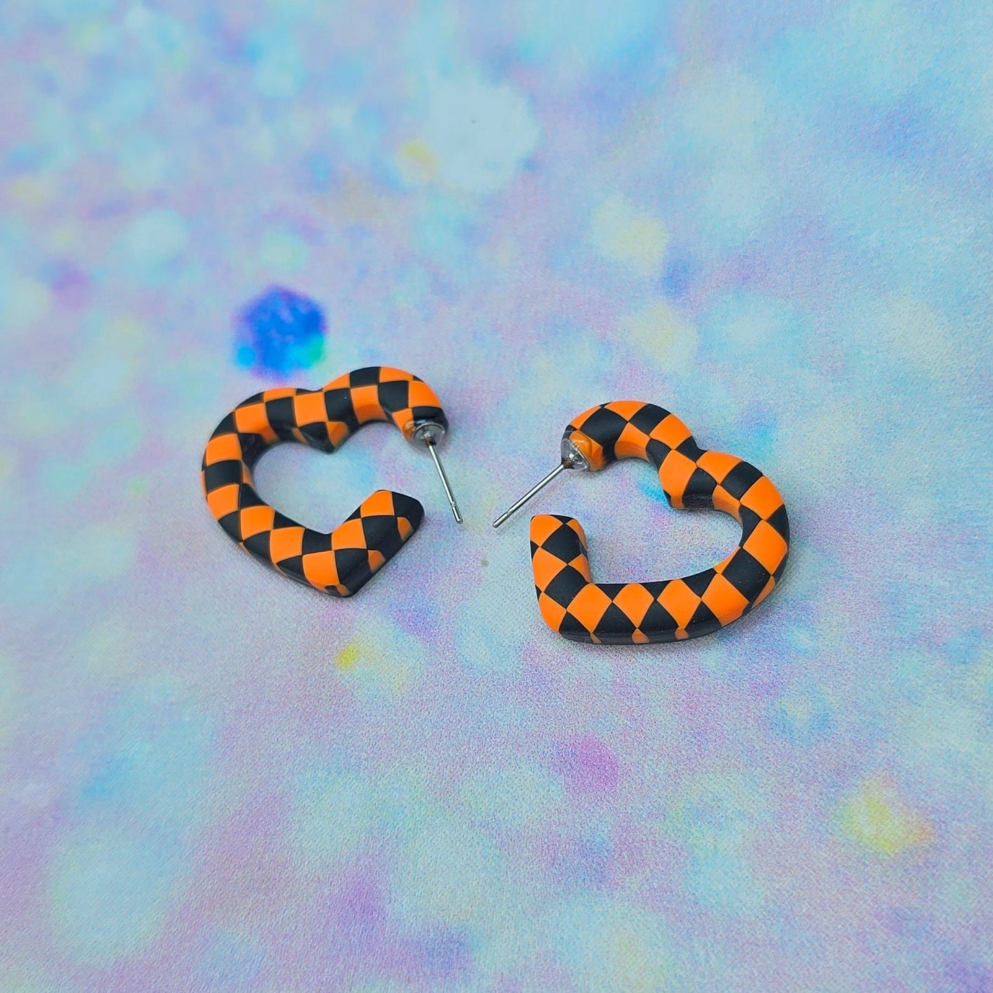Mini Orange & Black Checkerboard Heart Hoops