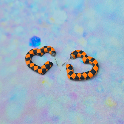Mini Orange & Black Checkerboard Heart Hoops