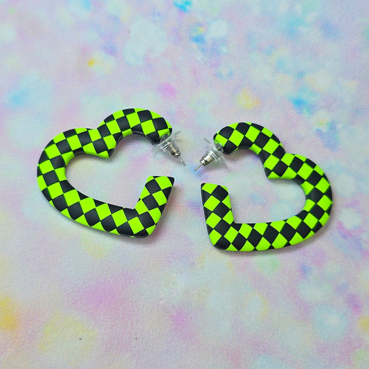 Mega Neon Lime & Black Checkerboard Heart Hoops