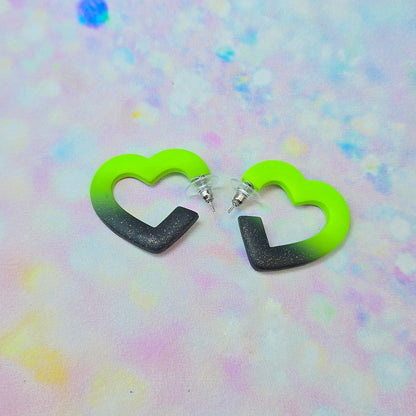 Medium Neon Lime & Glitter Black Ombre Heart Hoops