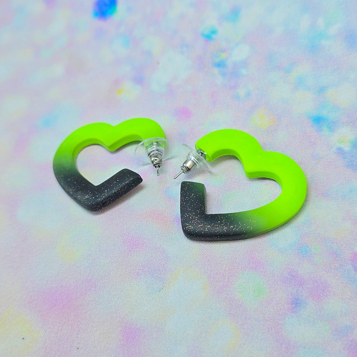 Medium Neon Lime & Glitter Black Ombre Heart Hoops