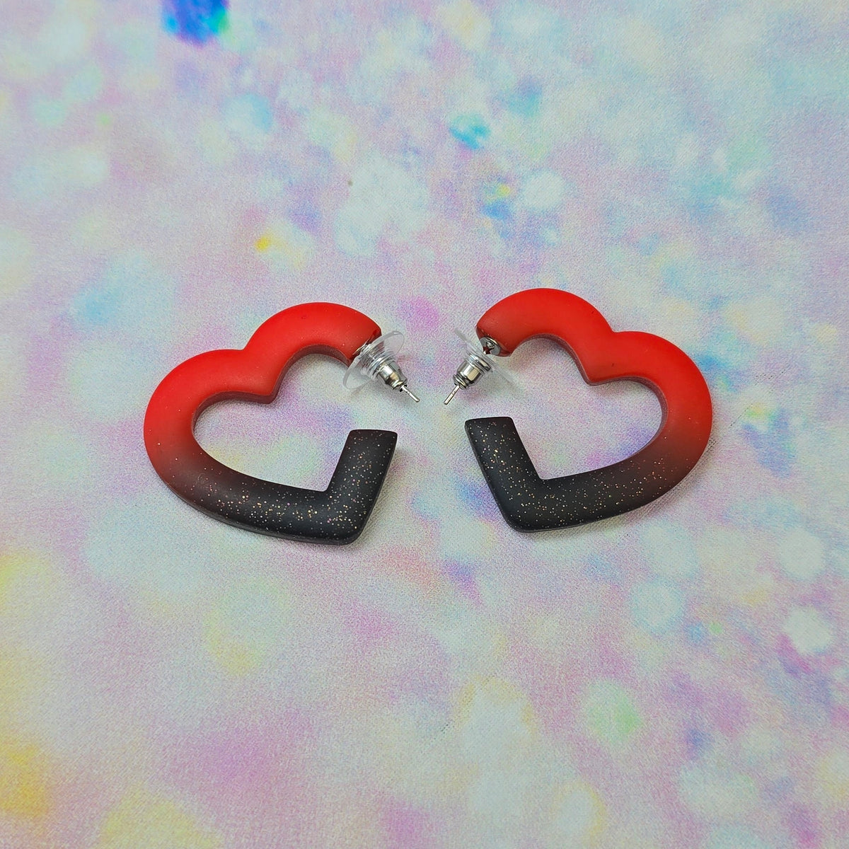 Medium Red & Glitter Black Ombre Heart Hoops