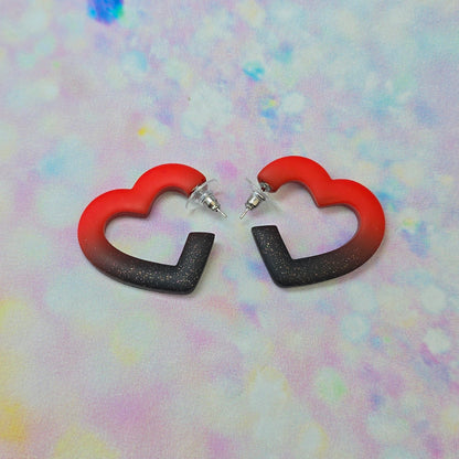 Medium Red & Glitter Black Ombre Heart Hoops