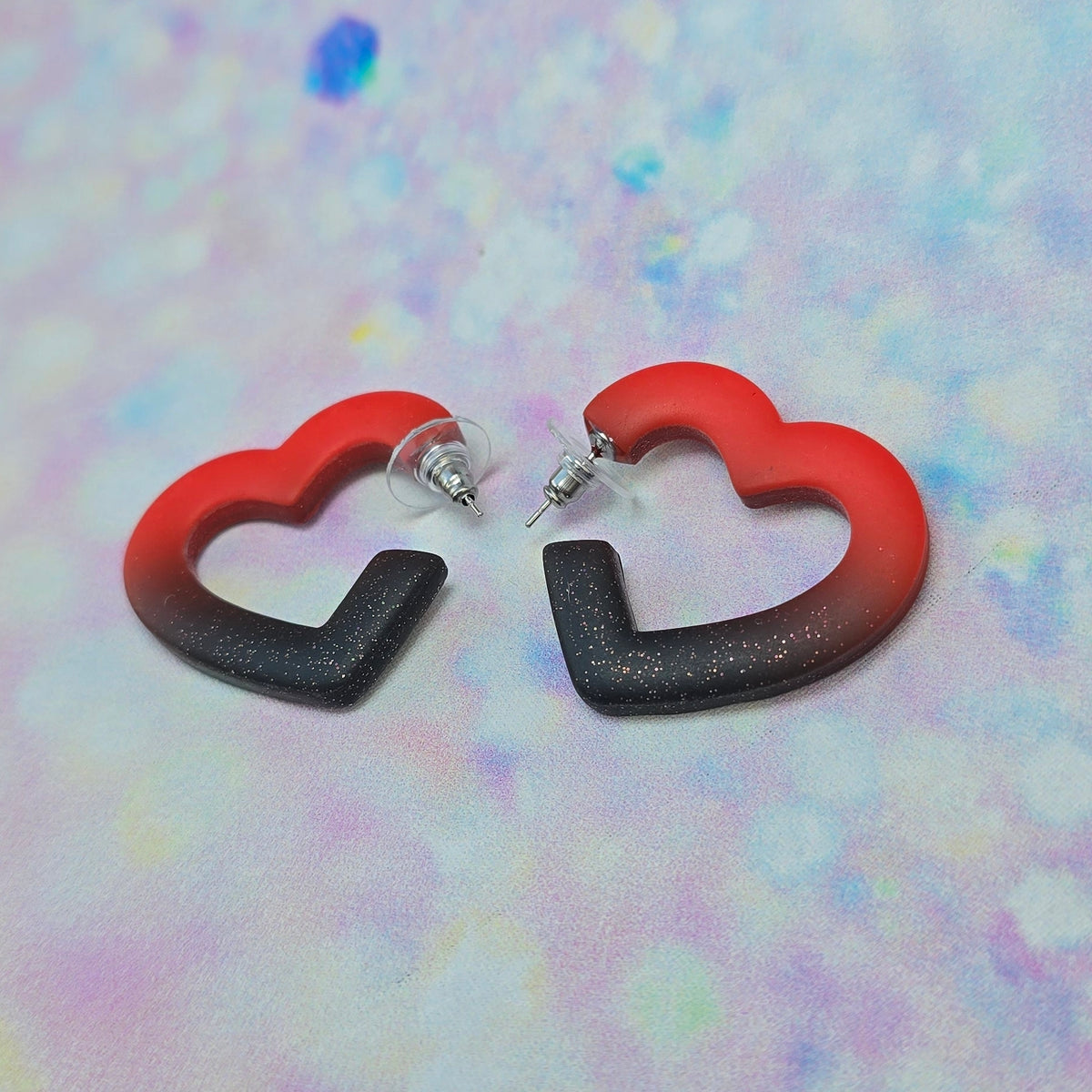 Medium Red & Glitter Black Ombre Heart Hoops