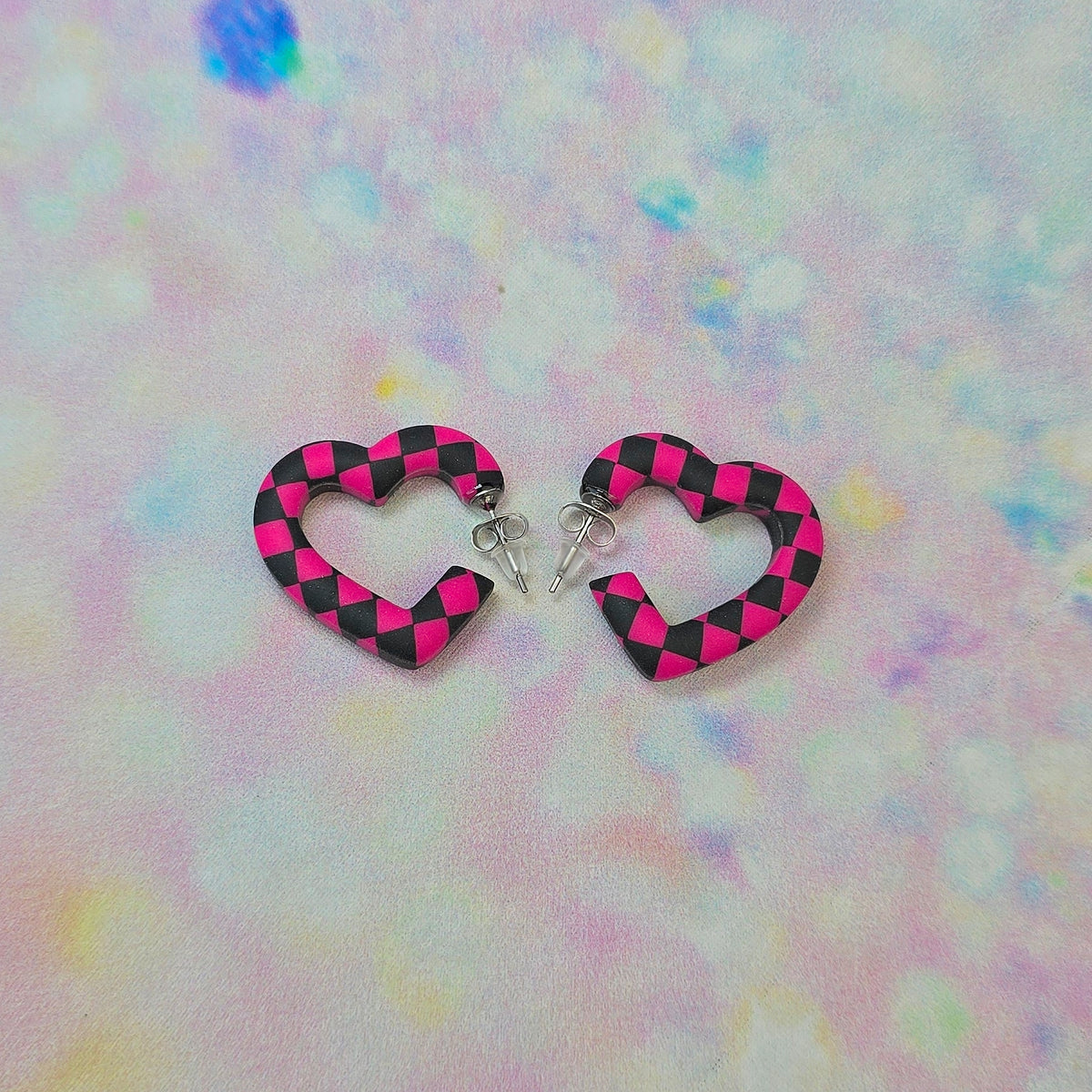 Mini Pink & Black Checkerboard Heart Hoops