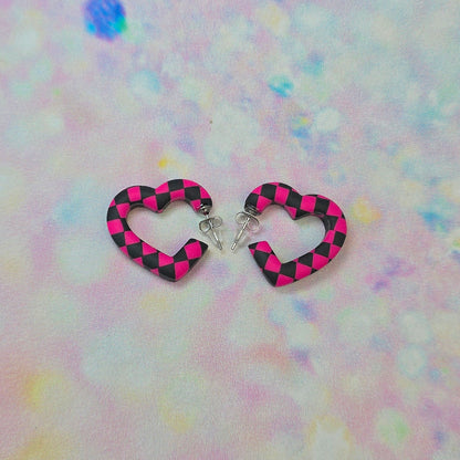 Mini Pink & Black Checkerboard Heart Hoops