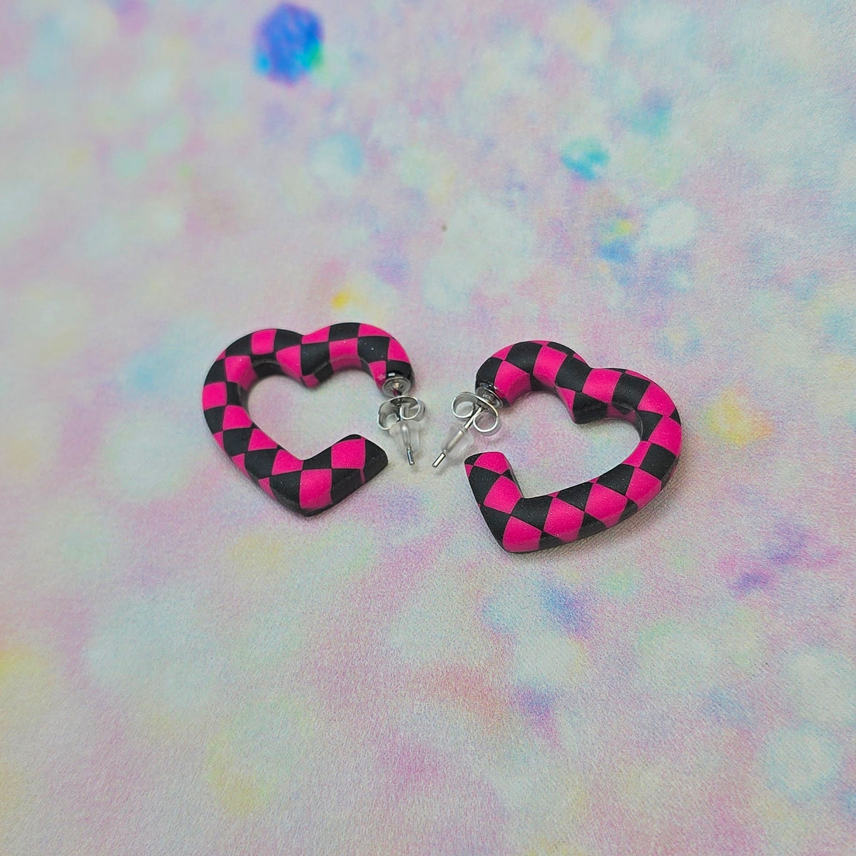 Mini Pink & Black Checkerboard Heart Hoops